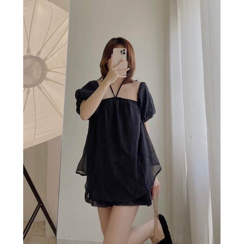 [NEW]SET ÁO TƠ TAY BỒNG CỔ YẾM THÁO RỜI MIX SOOC XINH XẮN