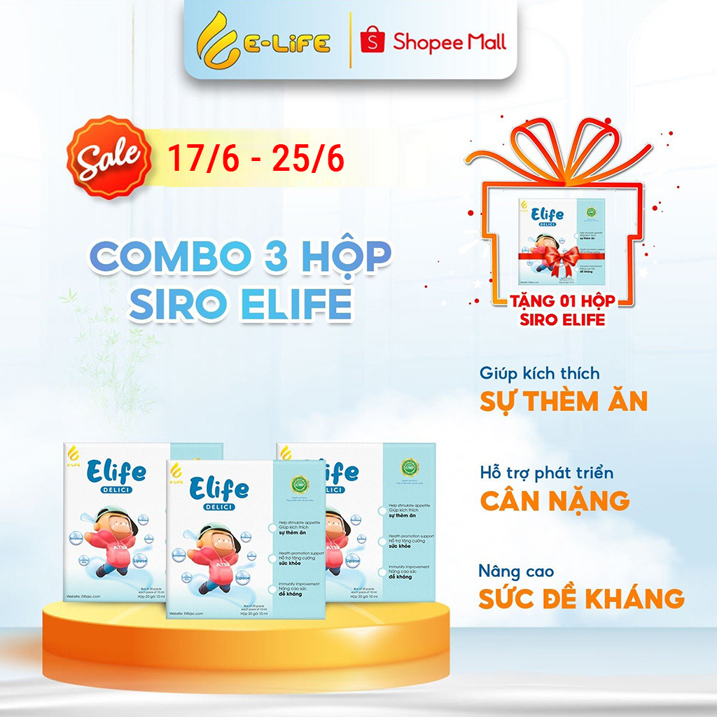 [Tặng 1 hộp Siro] Combo 3 hộp Siro ăn ngon cao cấp ELIFE Delici dành cho trẻ biếng ăn và chậm tăng cân hộp 20 gói 10ml