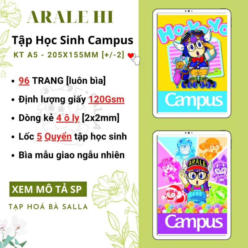 Lốc 5 Quyển Tập học sinh 96 trang 4 ô ly Campus Arale Hi (NB-AARH96)