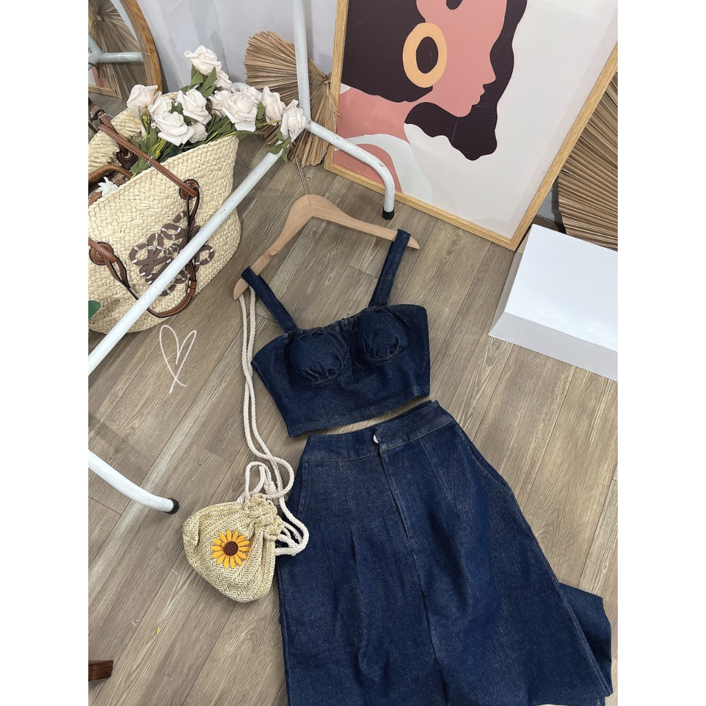 SET ÁO CROPTOP JEAN 2 DÂY + CHÂN VÁY MIDI JEAN SUÔNG TÚI 2 BÊN
