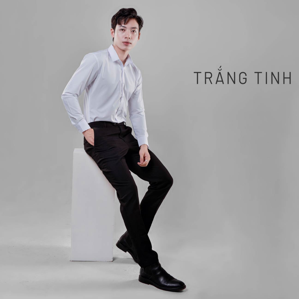 Áo sơ mi nam trắng dài tay HTSM MAGNOR vải trơn, vải Polyspun chống nhăn, cổ bẻ, dáng slimfit công sở không túi ngực