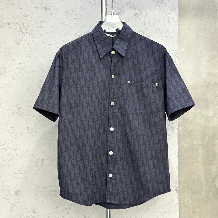 Áo sơ mi cộc tay Dior Xanh than họa tiết logo full LA 1-1 on web