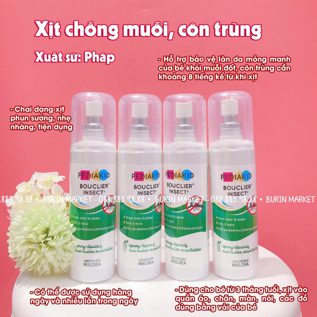 Xịt chống muối và côn trùng  cho bé Pediakid Pháp 100ml - chống muỗi- Burin Market