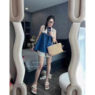 Set áo 2 dây ren hoa kèm quần short đi biển, Lipeo.store