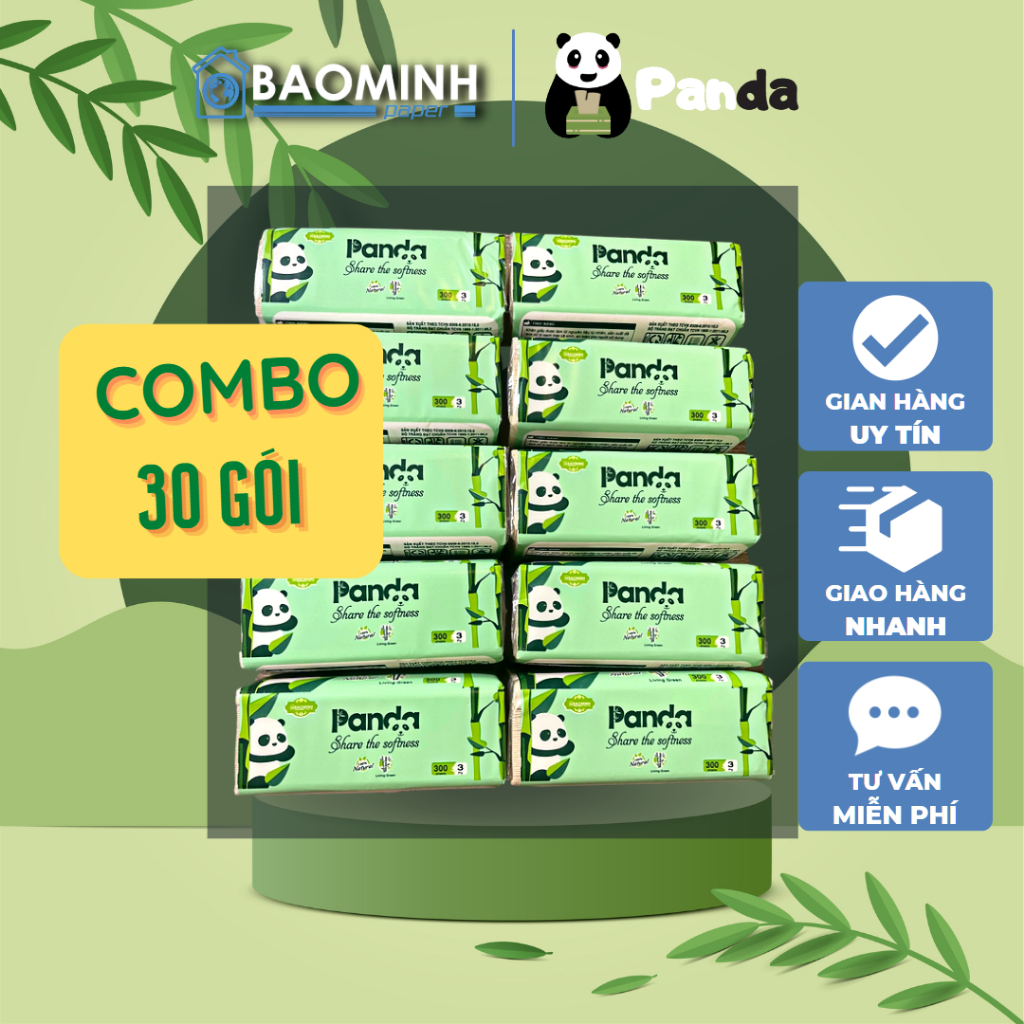 Combo 30 gói giấy ăn gấu trúc Panda, giấy rút lụa cao cấp 3 lớp 100 tờ chất liệu tre siêu dai, mềm mịn