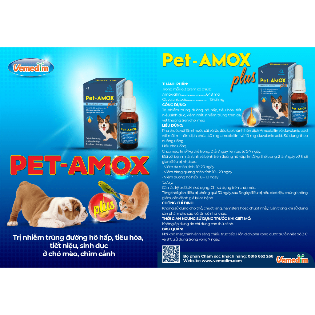 Vemedim Pet Amox plus - Hỗ Trợ Tiêu Chảy, Hô Hấp, Vết Thương ở Thú Cưng