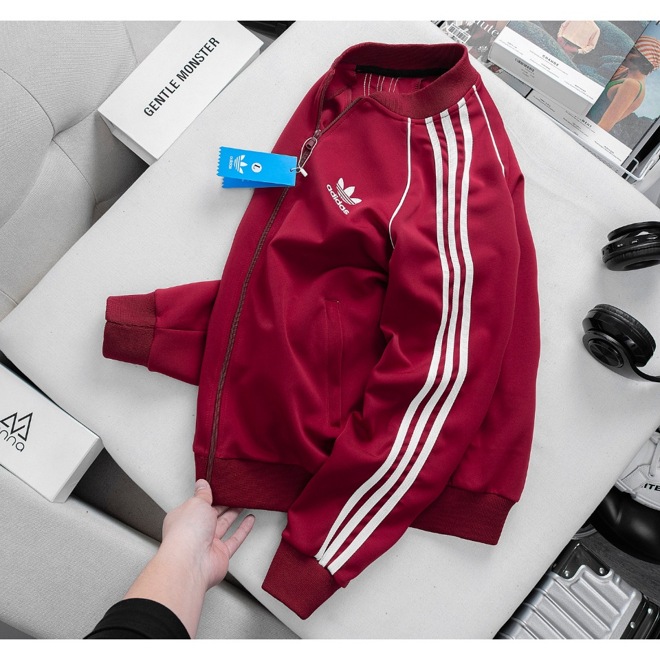Áo Bomber Adidas Đỏ Mận 2 Lớp Vải Umi Dày Dặn Áo Khoác Chống Nắng Chống Nước 3 Sọc Kẻ Trắng | BigBuy360 - bigbuy360.vn