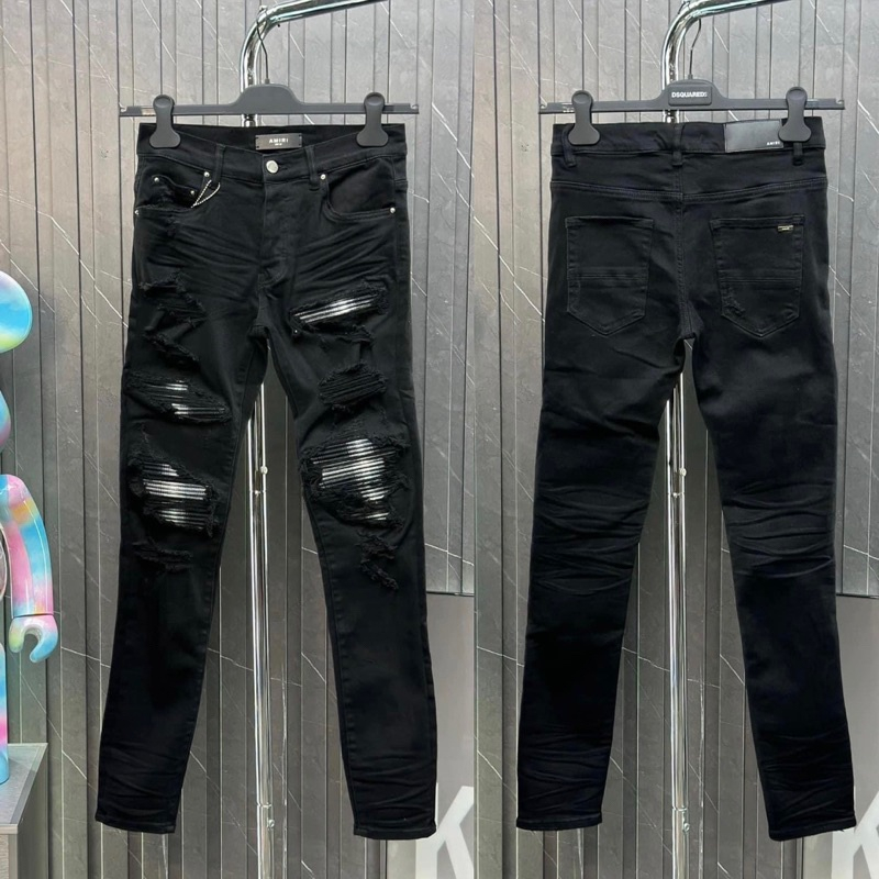 Quần JEAN Nam Amiri 4 Khuy Vá Gối Nhăn Đùi Like_auth Quần Bò AMIRI Skinny Rách Gối Vá Vải Nhăn Loang Xám