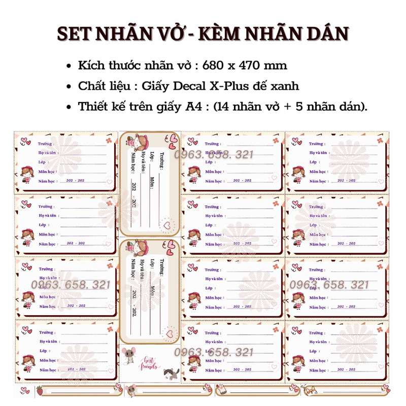 Set 14 nhãn vở 68mm x 47mm kèm 4 nhãn tên