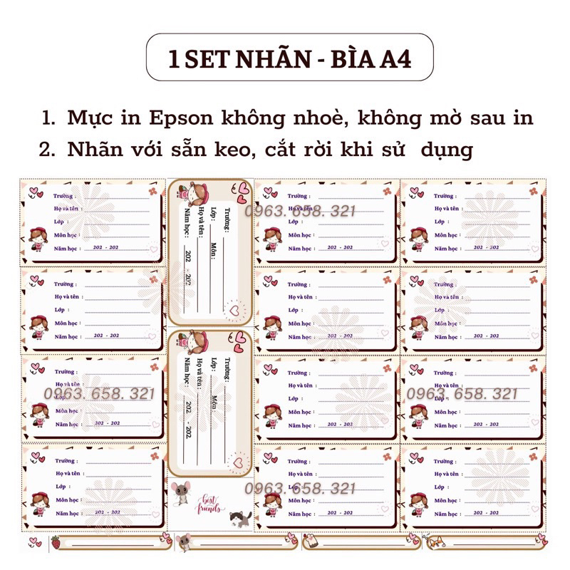 Set 14 nhãn vở 68mm x 47mm kèm 4 nhãn tên
