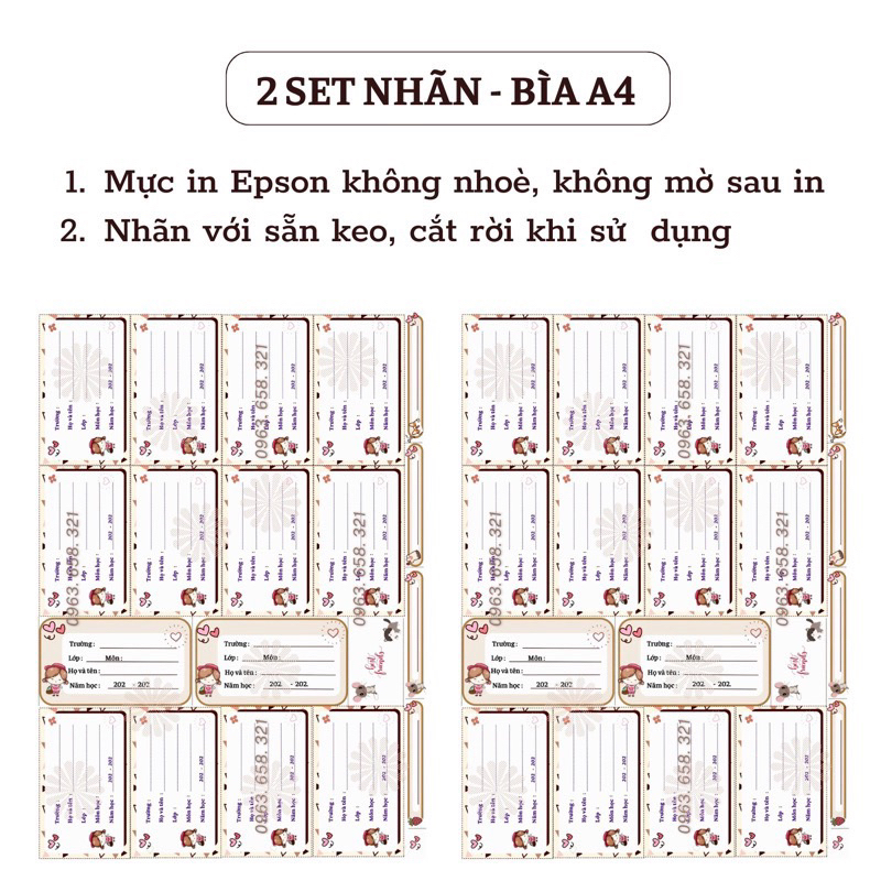Set 14 nhãn vở 68mm x 47mm kèm 4 nhãn tên