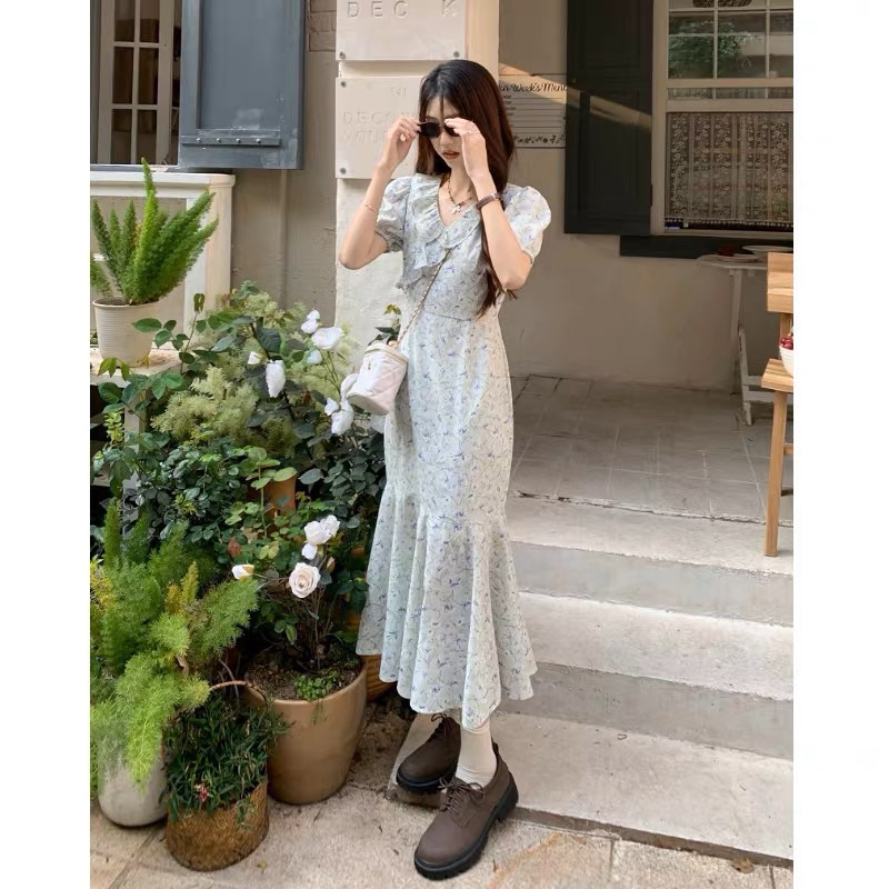 (Sẵn) Đầm Voan Hoa Nhí Dáng Dài Đuôi Cá Taobao Order