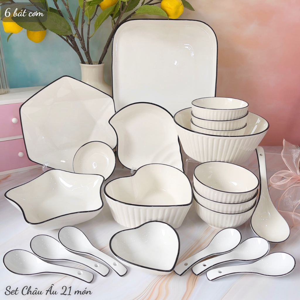 Bát Đĩa Sứ Decor, Bát Ăn Cơm Chén Dĩa Dễ Thương Bát Đĩa Trắng Viền Đen Sang Trọng Phong Cách Châu Âu