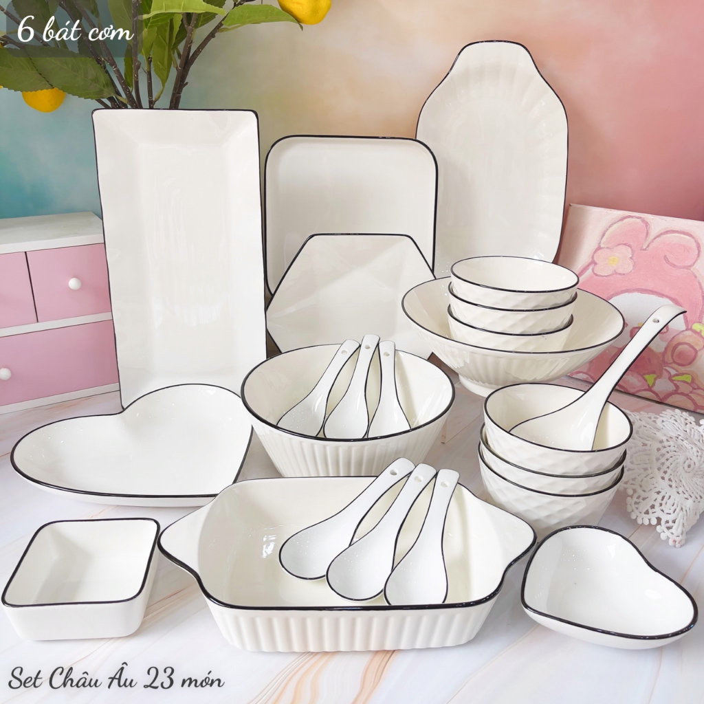 Bát đĩa sứ decor, Bát ăn cơm, Chén dĩa dễ thương, Sét bát đĩa trắng viền đen cao cấp sang trọng phong cách Châu Âu