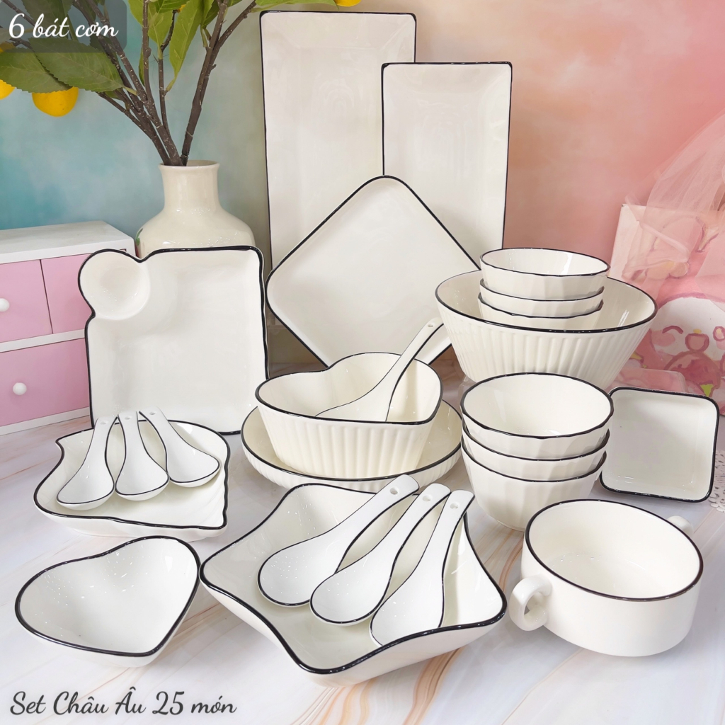 Bát đĩa sứ decor, Bát ăn cơm, Chén dĩa dễ thương, Sét bát đĩa trắng viền đen cao cấp sang trọng phong cách Châu Âu