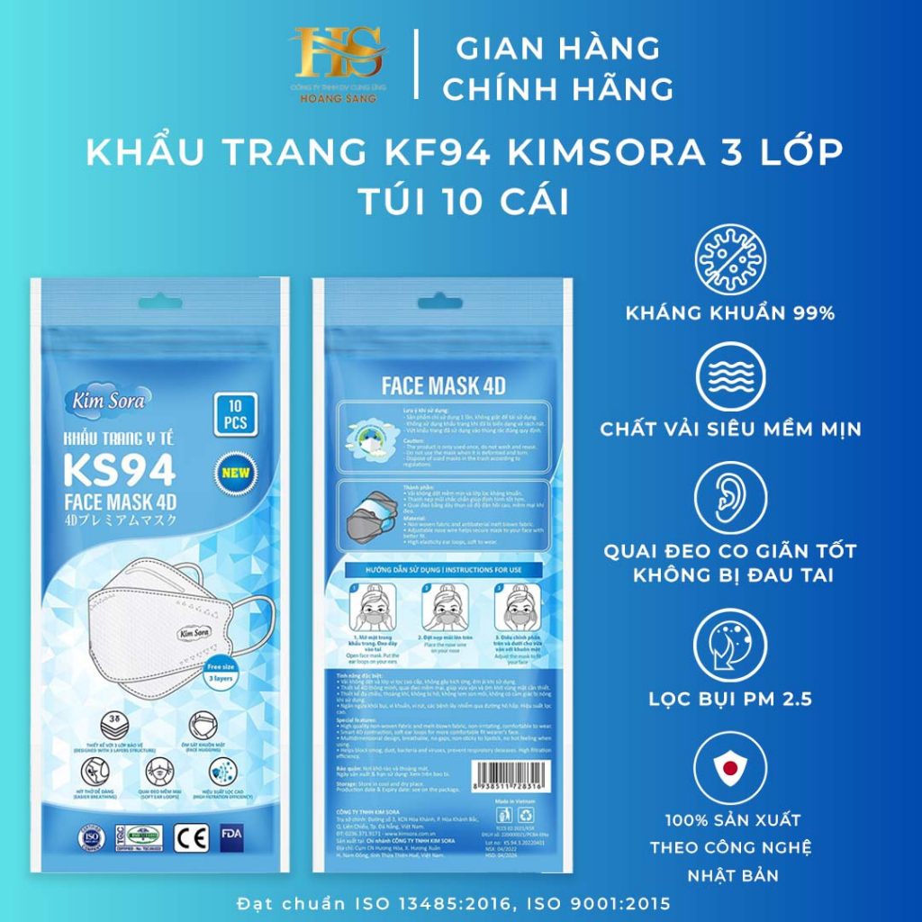 Khẩu Trang Y Tế Kim Sora KS94 Cao Cấp 3 lớp kháng khuẩn đóng túi 10 Cái /Túi