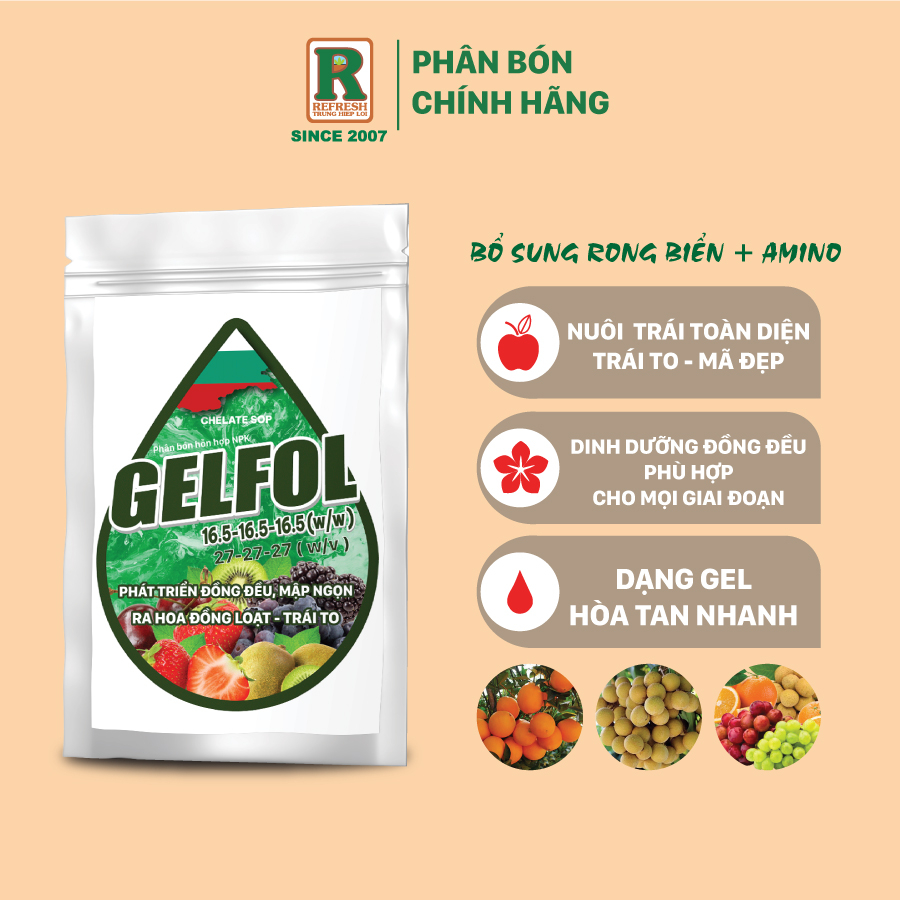 Phân Bón Gel đậm đặc xuất xứ Bulgaria GELFOL 27-27-27 Kích thích trái siêu to, phục hồi toàn diện