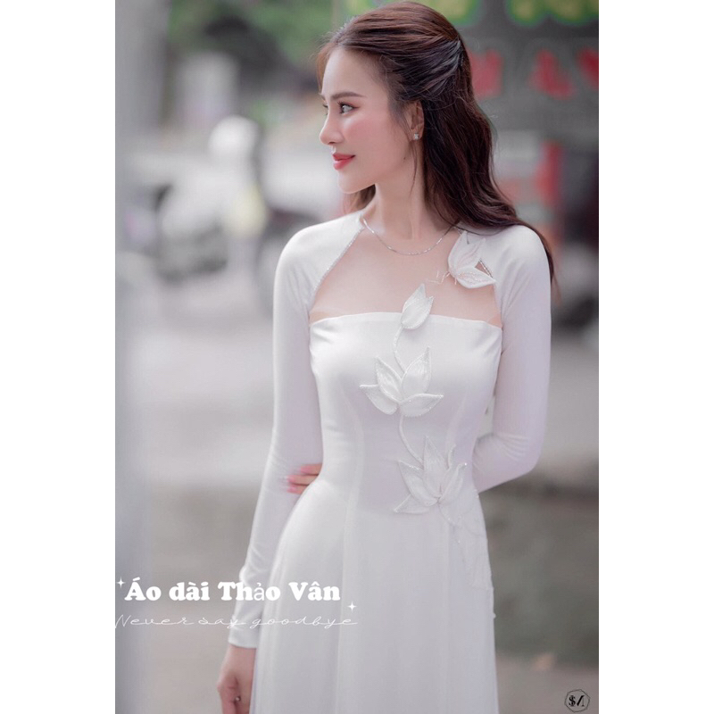 Áo dài cô dâu thiết kế cao cấp cổ cách điệu hoạ tiết sen-TV003