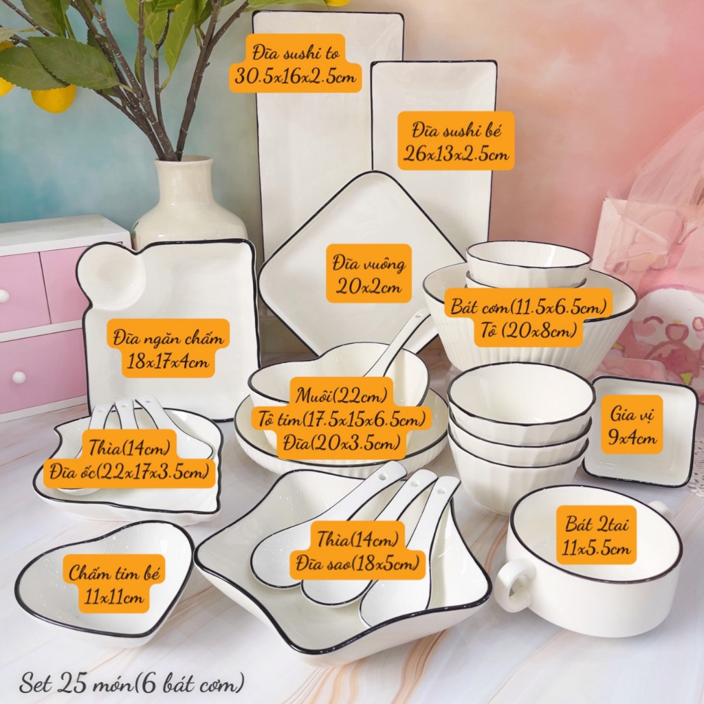 Bát đĩa sứ decor, Bát ăn cơm, Chén dĩa dễ thương, Sét bát đĩa trắng viền đen cao cấp sang trọng phong cách Châu Âu