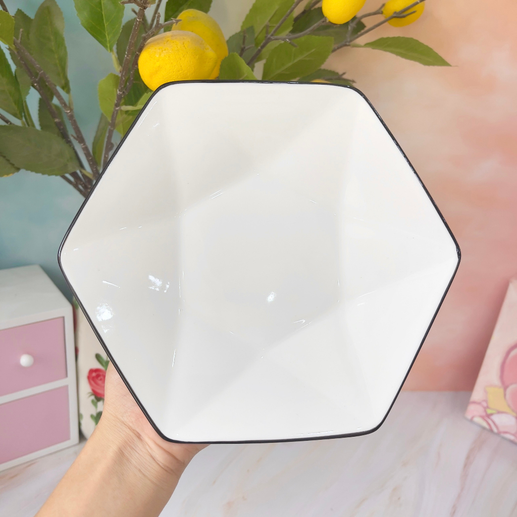 Bát đĩa sứ decor, Bát ăn cơm, Chén dĩa dễ thương, Sét bát đĩa trắng viền đen cao cấp sang trọng phong cách Châu Âu