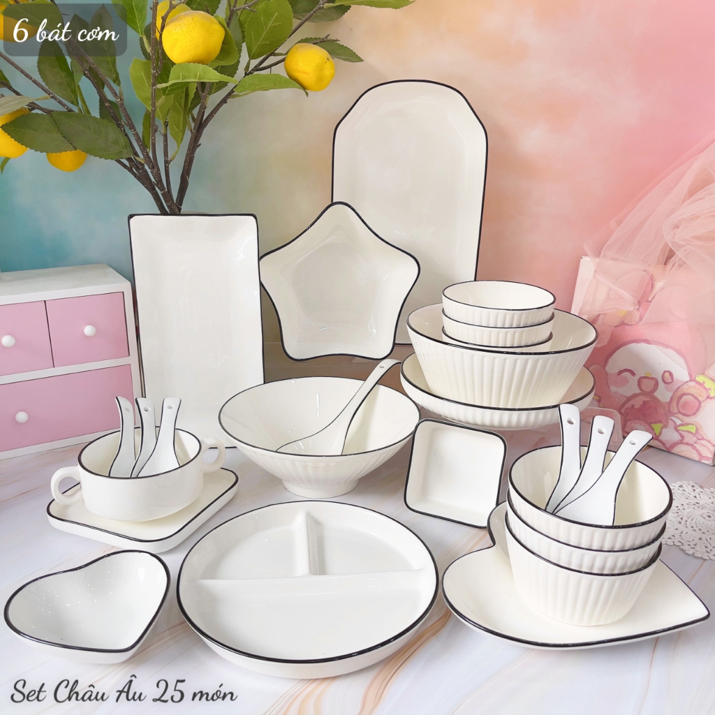 Bát đĩa sứ decor, Bát ăn cơm, Chén dĩa dễ thương, Sét bát đĩa trắng viền đen cao cấp sang trọng phong cách Châu Âu