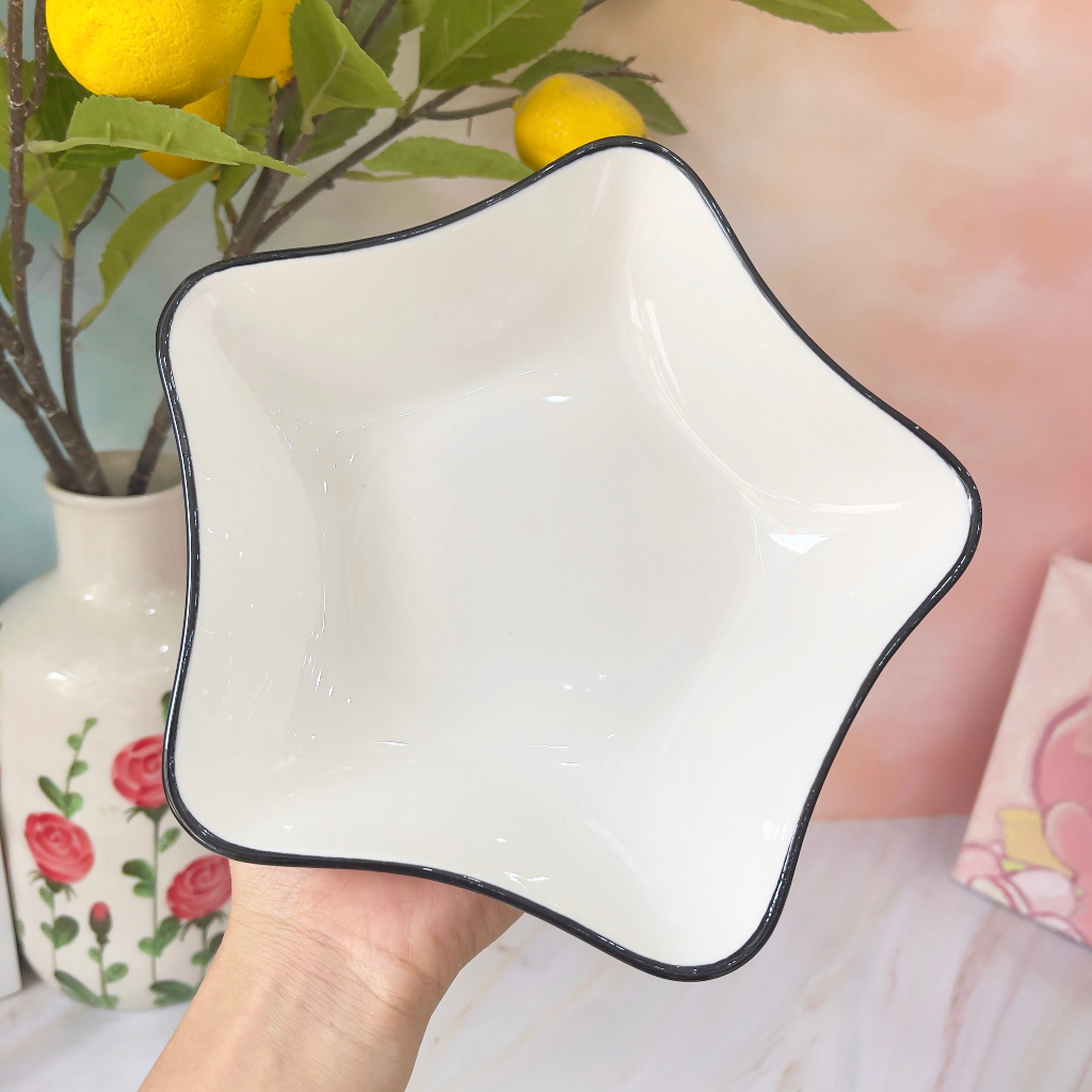 Bát đĩa sứ decor, Bát ăn cơm, Chén dĩa dễ thương, Sét bát đĩa trắng viền đen cao cấp sang trọng phong cách Châu Âu