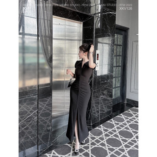 Váy body Kimi dúm thân cổ bẻ, Đầm midi tay cộc, vải co giãn thoải mái, mặc đi chơi, đi tiệc | XKV126 | Meimei Studio