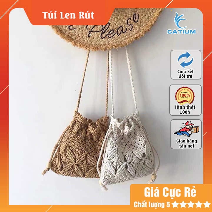 Túi Len rút đeo chéo - dây rút đính hột gỗ trắng - phong cách Boho Mang Đi Du Lịch Siêu Hot Cho Mùa 