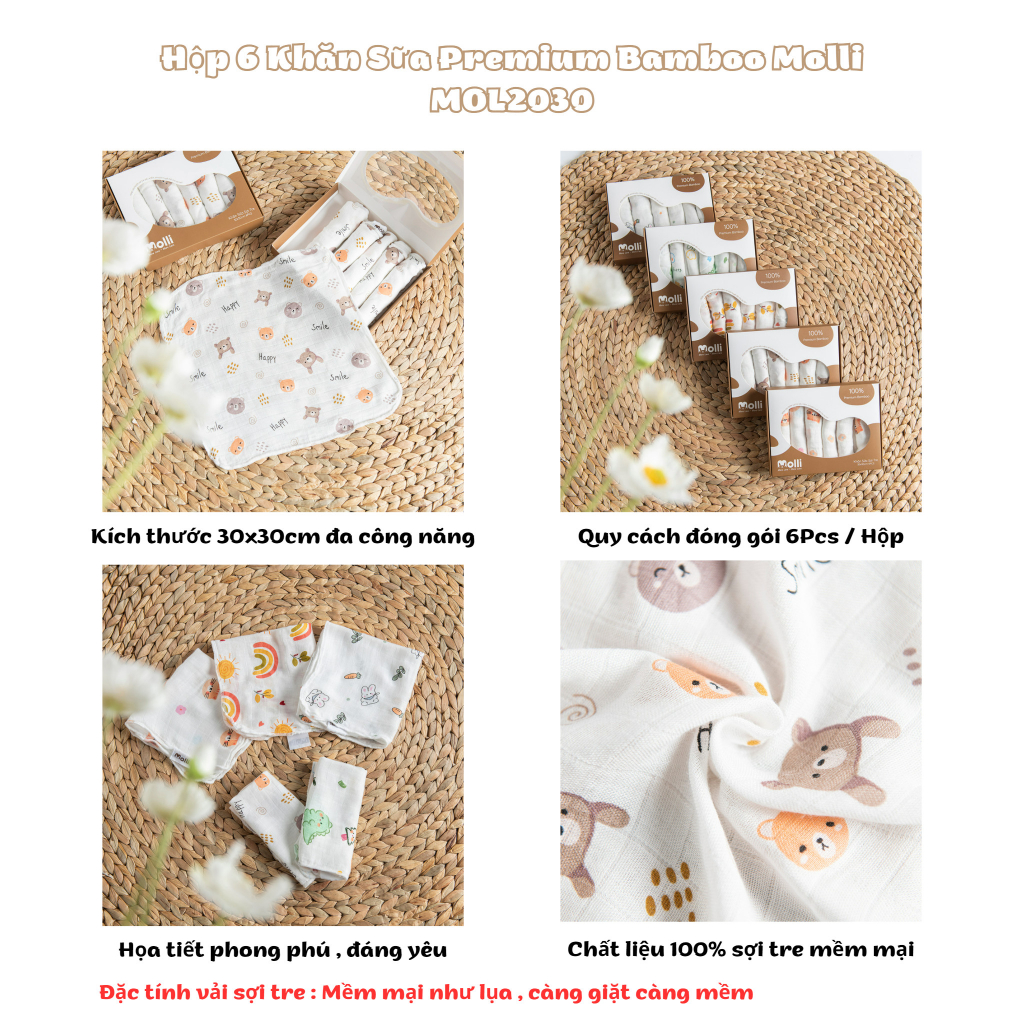 Set hộp 6 chiếc khăn sữa 100% sợi tre Premium Bamboo Molli