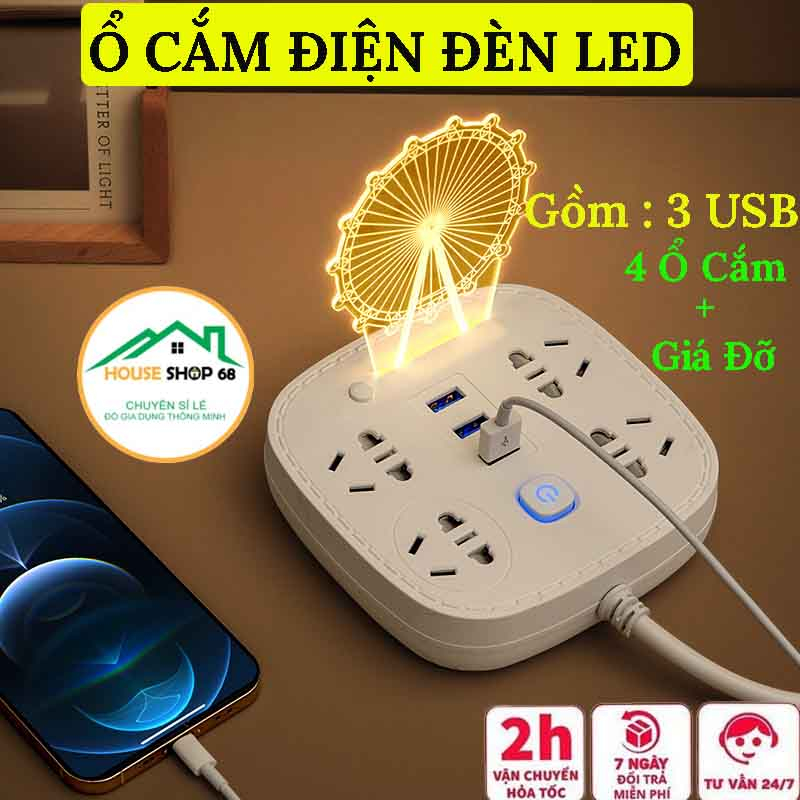 Ổ Cắm Điện Thông Minh Đa Năng Chống Giật, Chịu Tải 2500W, Tích Hợp Cổng USB Sạc - Có Đèn Led VERSION 4 Vuông