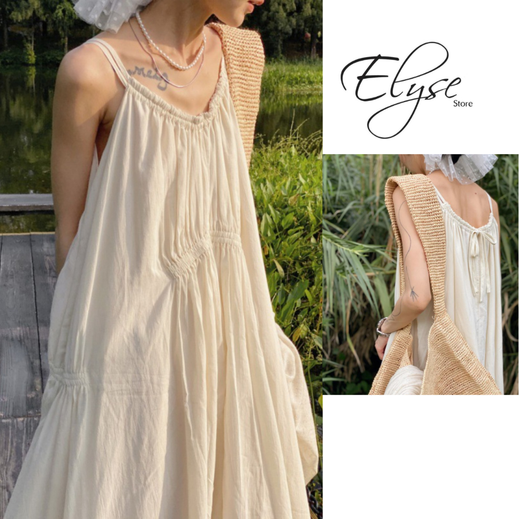 Váy hai dây đầm maxi màu be dáng dài form rộng đi biển kiểu điệu tiểu thư công chúa 9057