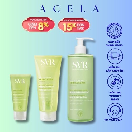 Sữa Rửa Mặt Svr Sebiaclear Gel Moussant 55Ml - 200Ml - 400Ml Của Pháp Giúp Làm Sạch, Tẩy Tế Bào Chết Cho Da Dầu Mụn/Acela