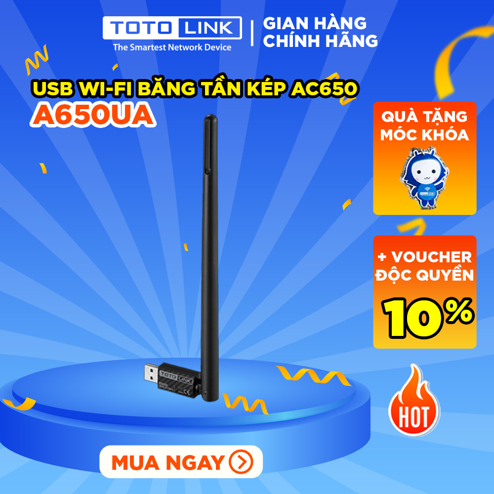 TOTOLINK A650UA USB WiFi băng tần kép chuẩn AC 650Mbps cho máy tính bàn PC laptop