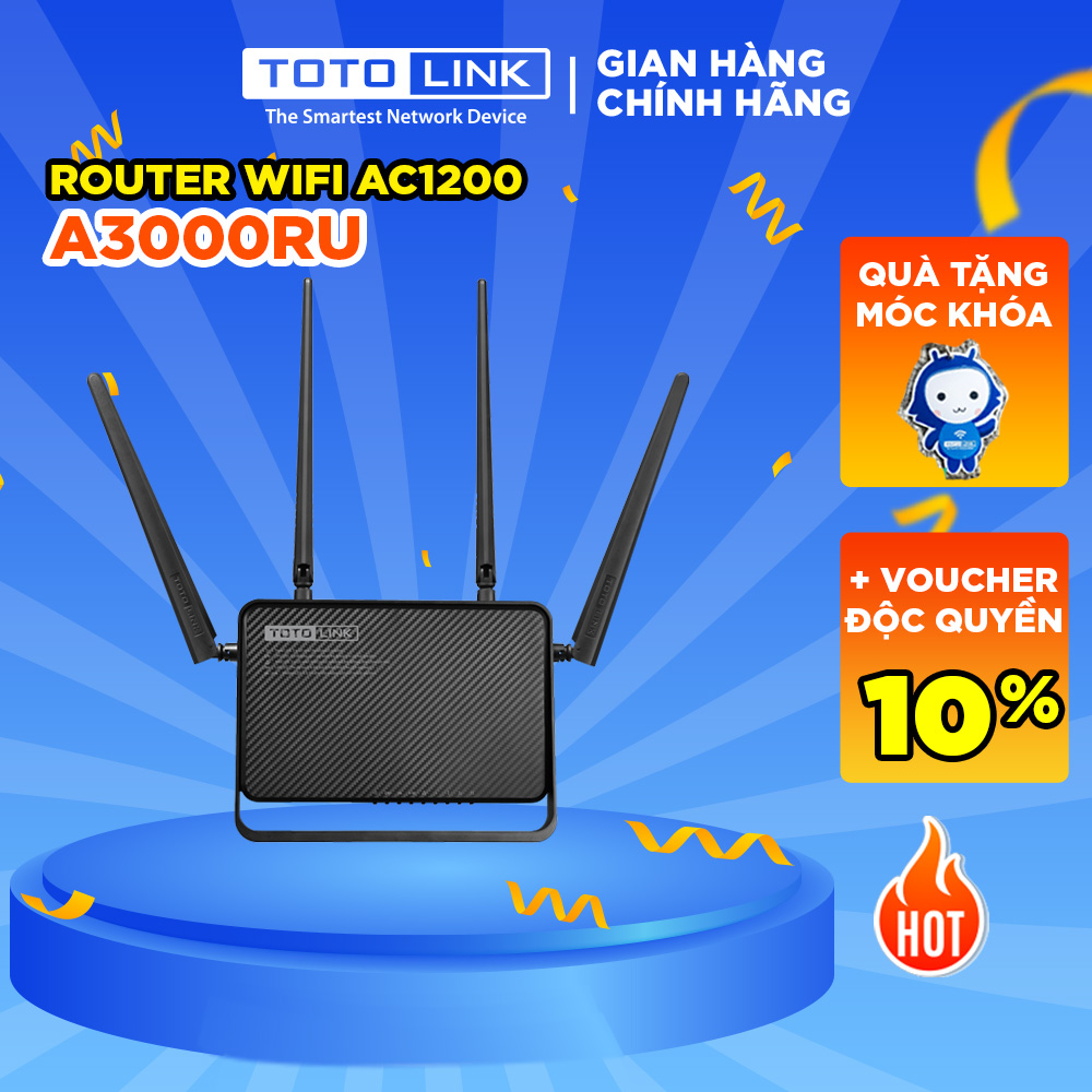 TOTOLINK A3000RU - Router Wi-Fi băng tần kép Gigabit Chuẩn AC 1200Mbps Cục phát wifi