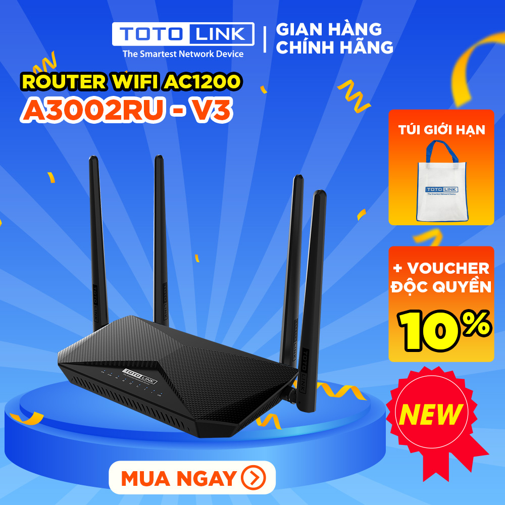 Cục phát wifi router wifi băng tần kép Gigabit chuẩn AC 1200Mbps TOTOLINK A3002RU-V3