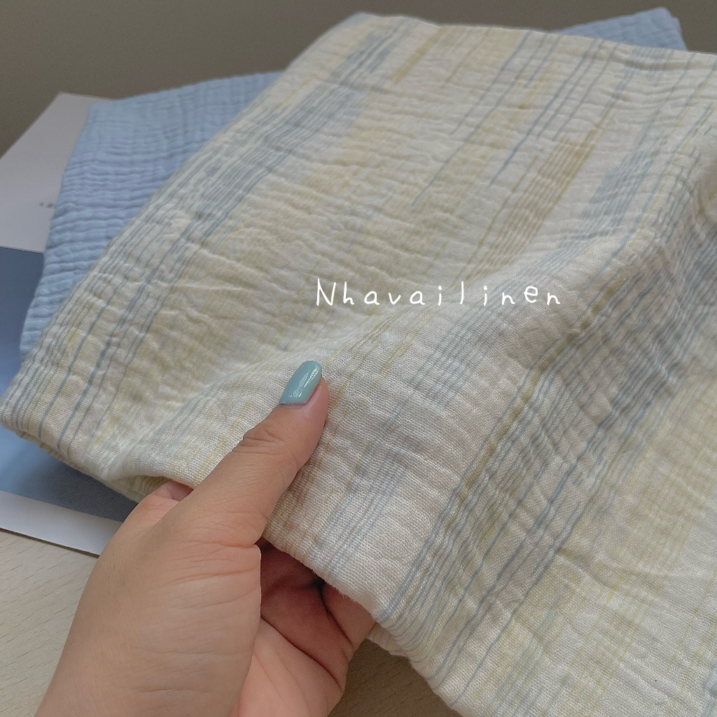 Vải Xô Muslin Họa Tiết sọc xanh Nhà Vải Linen