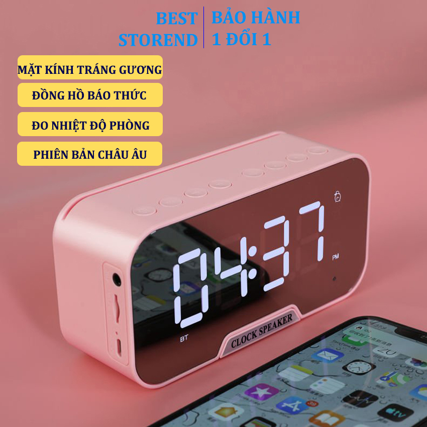 Loa bluetooth không dây mini clock speaker D88 làm đồng hồ báo thức kèm đèn ngủ pin trâu mặt kính tráng gương