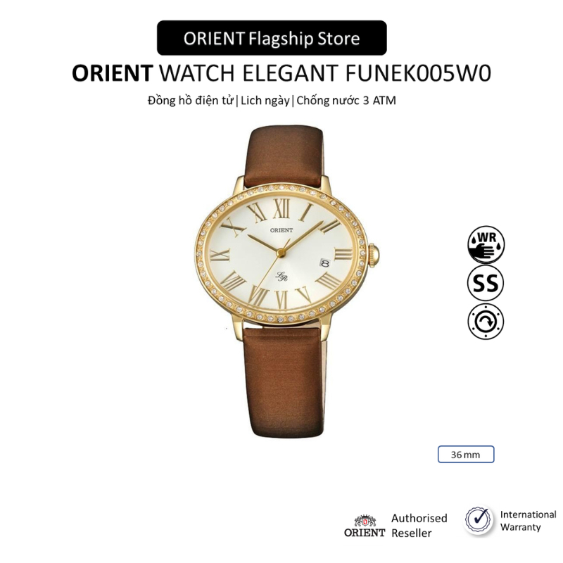 Đồng hồ nữ Orient Watch Elegant FUNEK005W0 mặt kính Mineral chống xước, chống nước 3 ATM, dây da đeo tay cao cấp