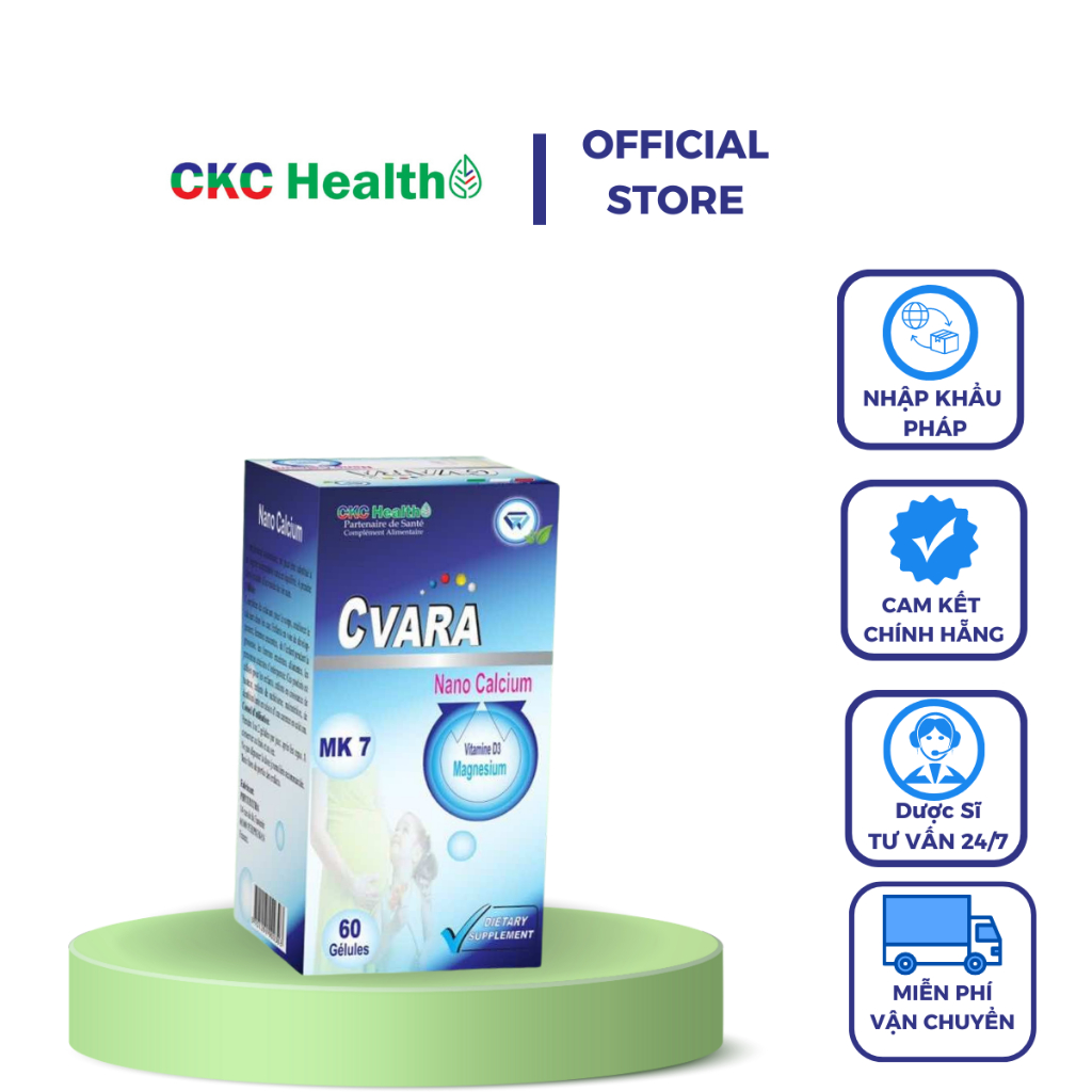 Canxi CVARA viên uống bổ sung Nano Calcium Carbonate & magnesium + Vitamin D3,K2 Pháp 60 viên/hộp
