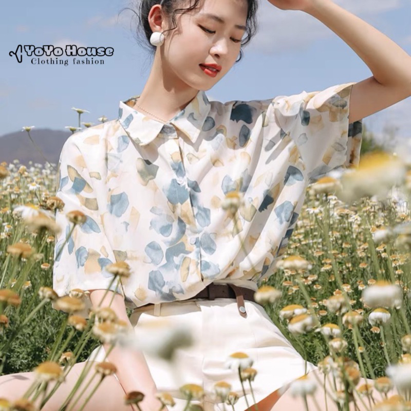 Sơ mi voan cộc tay hoạ tiết hoa vintage phong cách trẻ trung, retro thích hợp mùa hè mát mẻ
