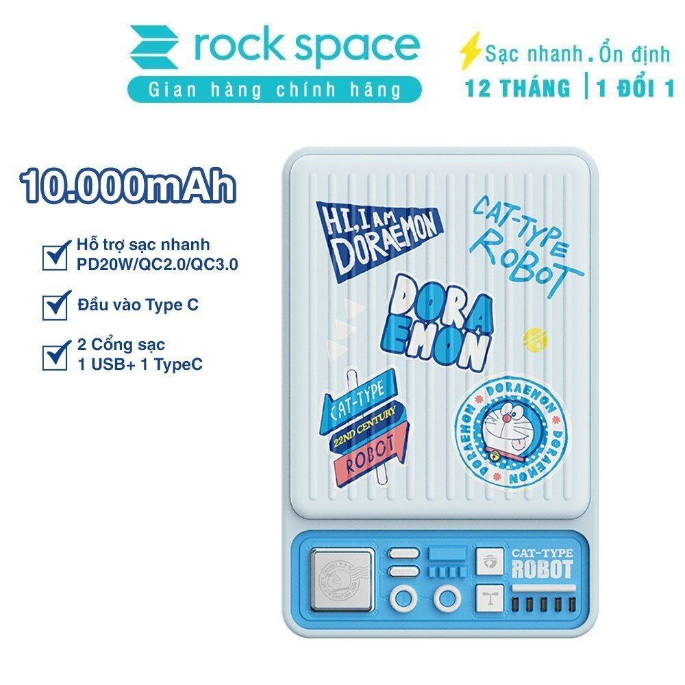 Pin dự phòng Doraemon Rockspace P90 sạc nhanh PD 20w 10000mAh Hàng chính hãng bảo hành 12 tháng