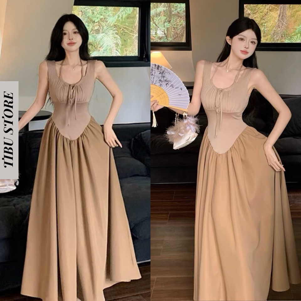Đầm Hai Dây Dáng Dài Ôm Eo TIBU Váy Maxi Cổ Yếm Xoè Đi Biển Đi Chơi Phong Cách Hàn Quốc