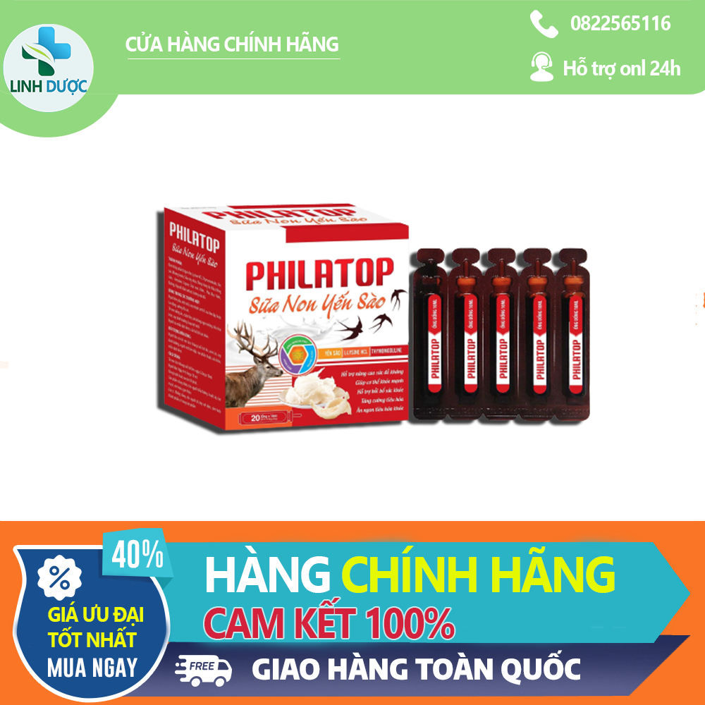 Philatop Sữa Non Yến Sào với thành phần, yến sào,hồng sâm, giúp giúp ăn ngủ ngon, nâng cao sức đề kháng hộp 20 ống