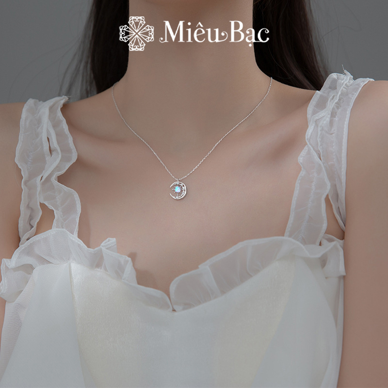 Dây chuyền bạc nữ Miêu Bạc mặt trăng ôm mặt trời đá mặt trăng moonstone bạc S925 thời trang phụ kiện trang sức MD38