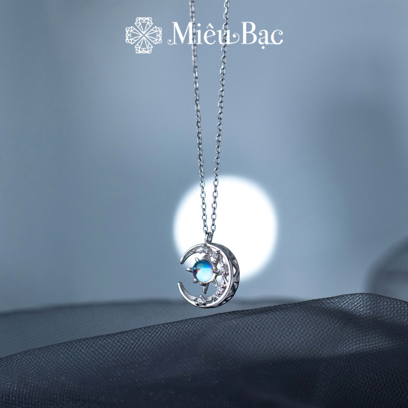 Dây chuyền bạc nữ Miêu Bạc mặt trăng ôm mặt trời đá mặt trăng moonstone bạc S925 thời trang phụ kiện trang sức MD38