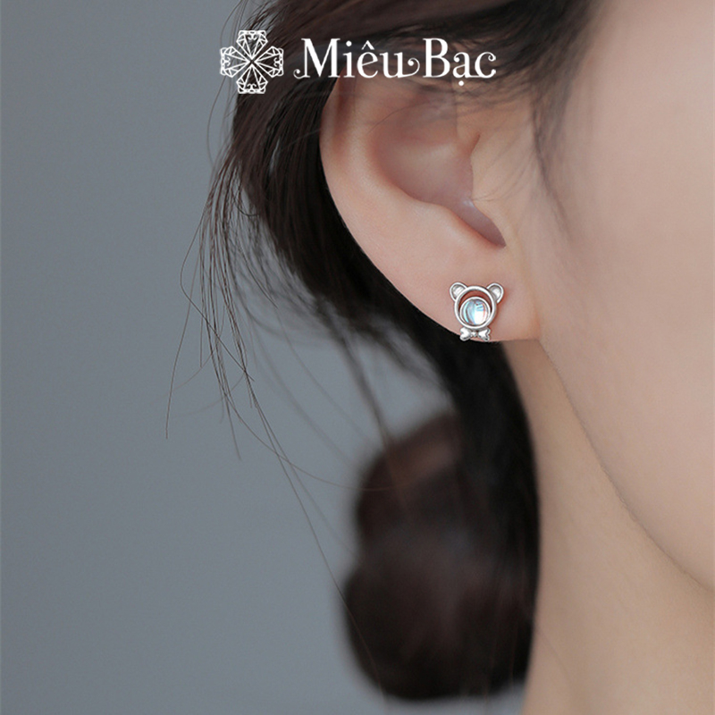 Bông tai bạc nữ Miêu bạc bear đá mặt trăng moonstone bất đối xứng dễ thương chất liệu bạc 925 phụ kiện trang sức B000900