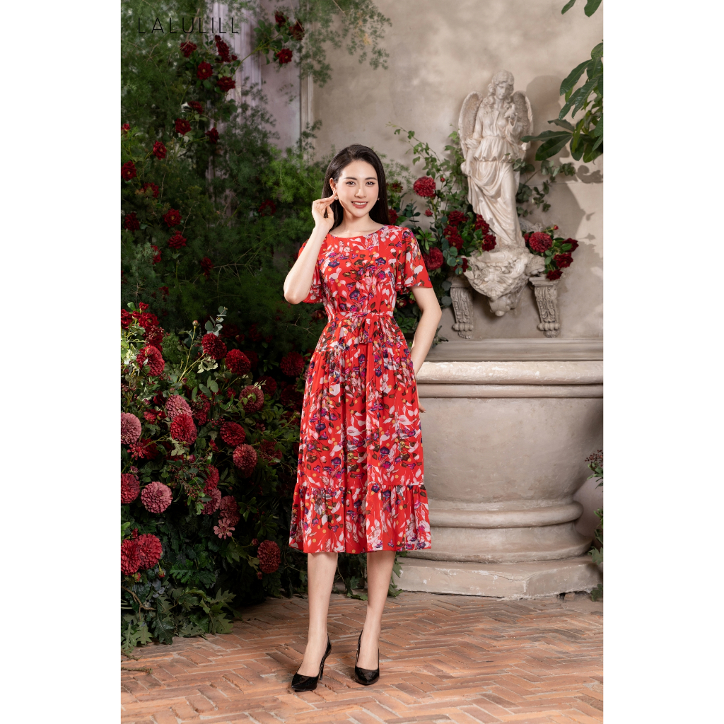 Đầm chiffon dáng suông LALULILL nhún 2 tầng đai thắt eo rời LDL2302901