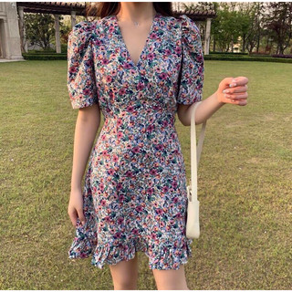 Thanh lý đầm hoa cổ V đắp vặt cột nơ form đẹp mới new99%