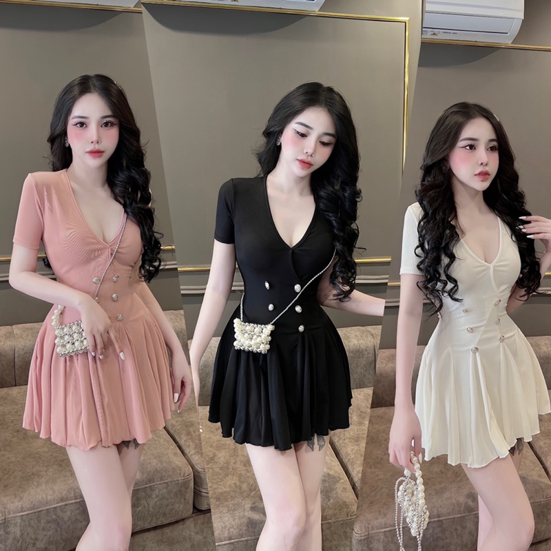 Set Váy Nữ Cúc Đồng Cổ V kèm quần bảo hộ ( sẵn ship ngay)
