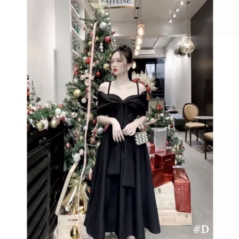 ĐẦM MIDI CHẤT TAFPA ĐI TIỆC BIG SIZE TRỄ VAI PHỐI NƠ NGỰC SANG CHẢNH